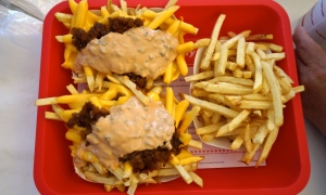 Animal-style fries (left), Regular fries (right). In-n-out, CA 